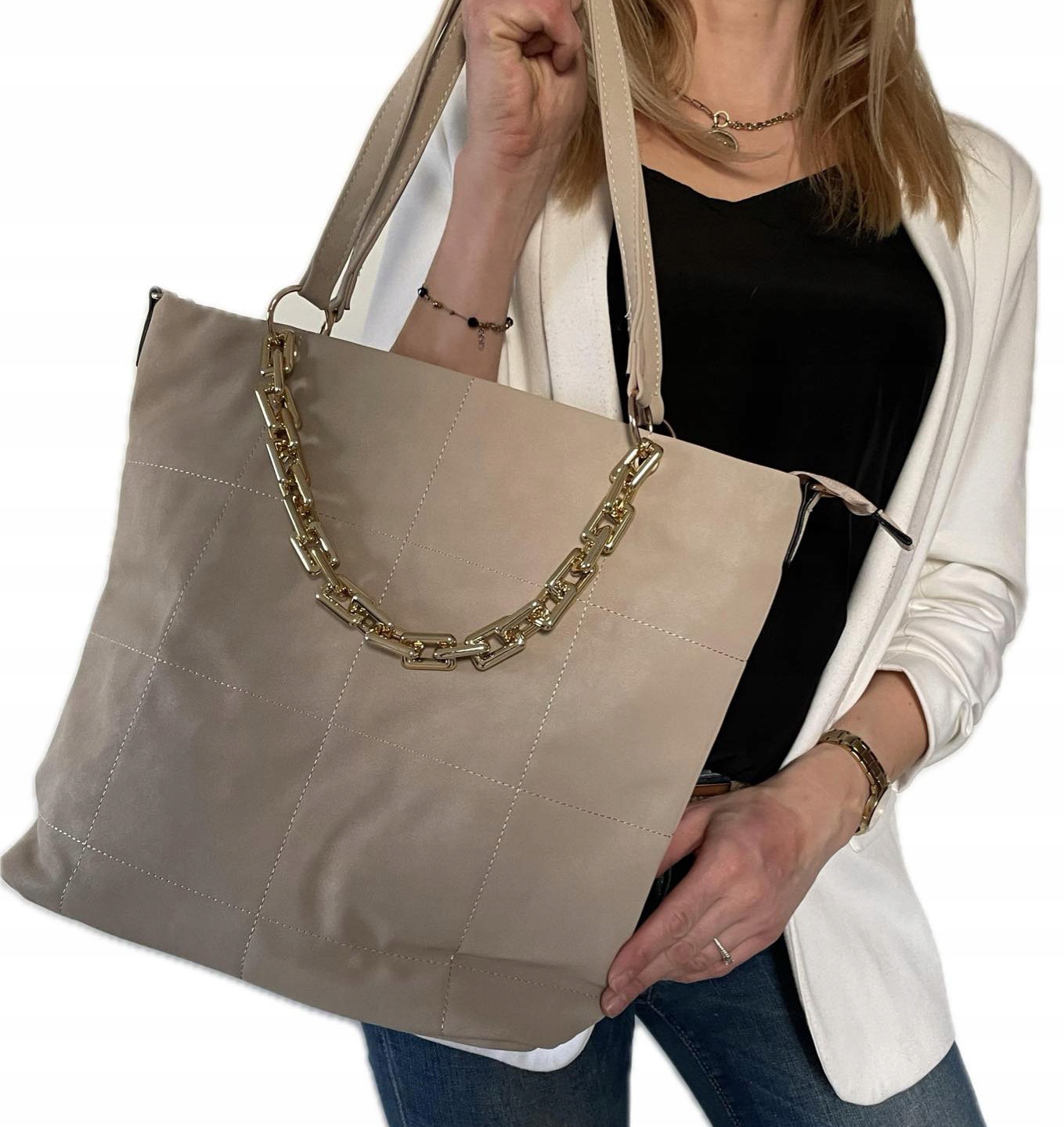 BEŻOWA TOREBKA DAMSKA WOREK shopper A4 łańcuch