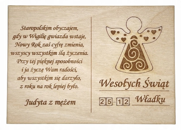 

Pocztówka z Drewna z aniołkiem na Święta życzenia