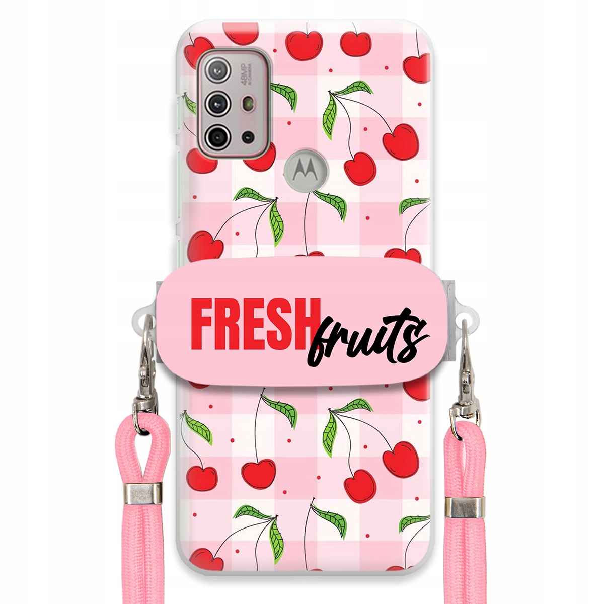 Pouzdro pro Motorola G10 Case Držák Šňůrka Růžová Fruits Mřížka Ovoce