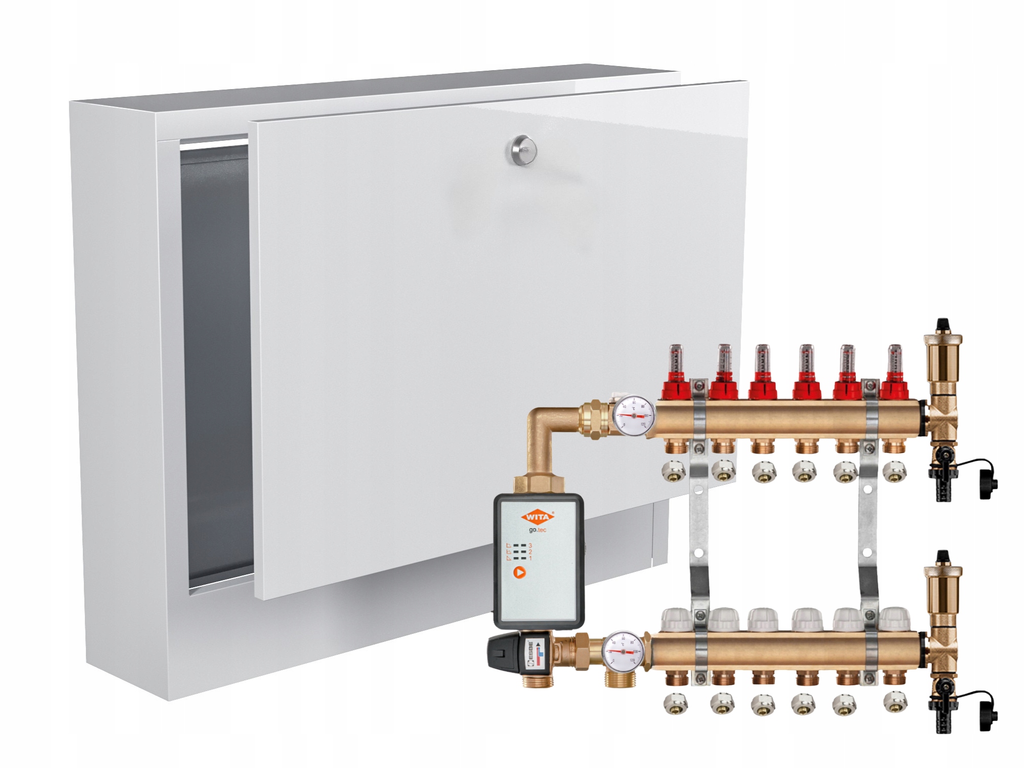 Mosazný Rozdělovač Podlahových Krytin 6+ČERPADLO Vítá Go.tec+nástěnná Skříňka+pex