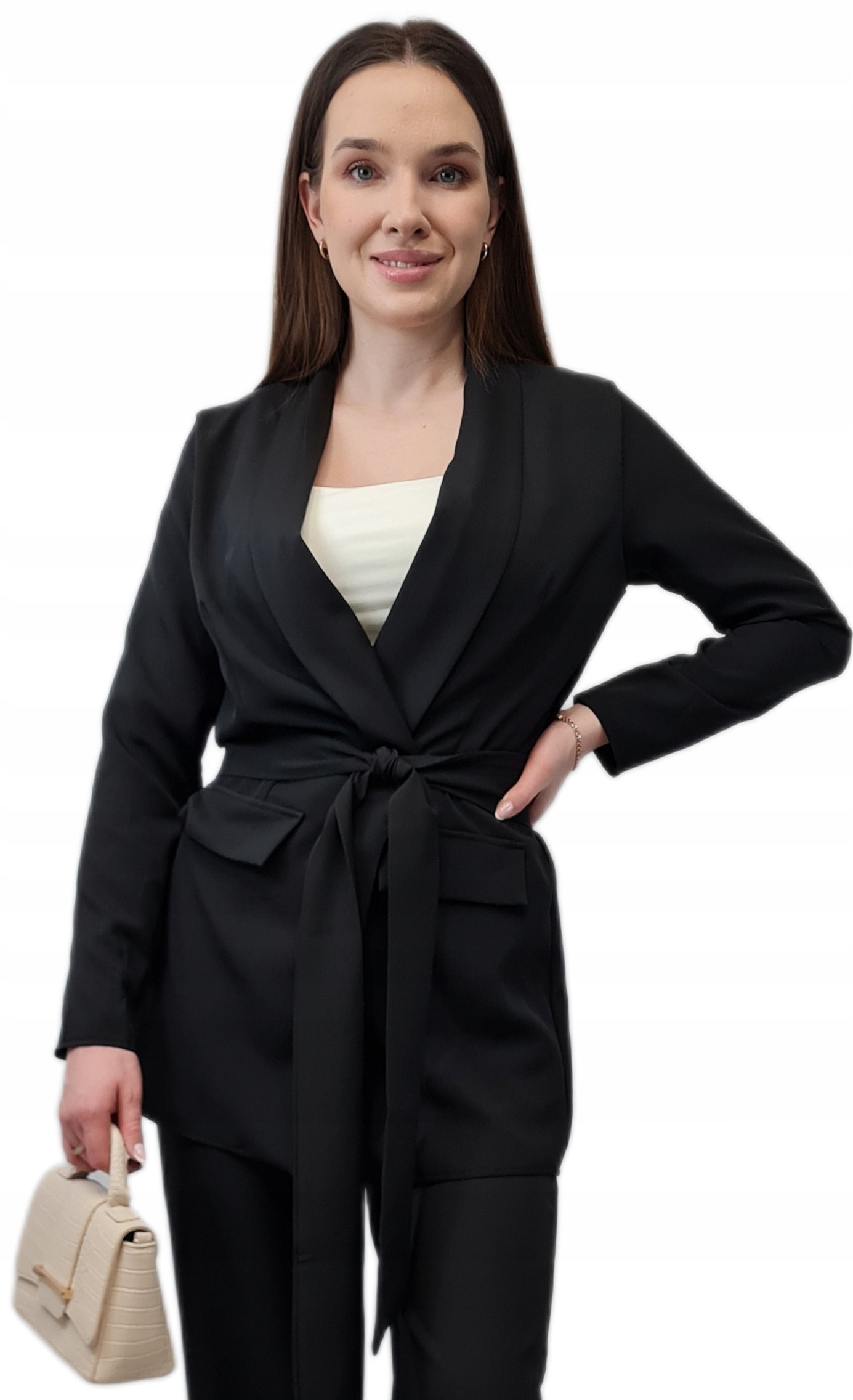 GARNITUR DAMSKI CZARNY, Wiązana marynarka, ELEGANCKI KOMPLET Damski, r. L Marka inna