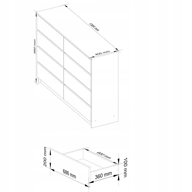 Komoda do salonu 140 cm 8 szuflad bezuchwytowa pojemna Wenge Dąb Sonoma Kolekcja CLP