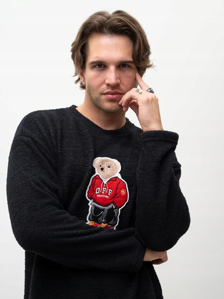 Pánský svetr s medvídkem, moderní Černá Mikina Plyšová Výšivka L