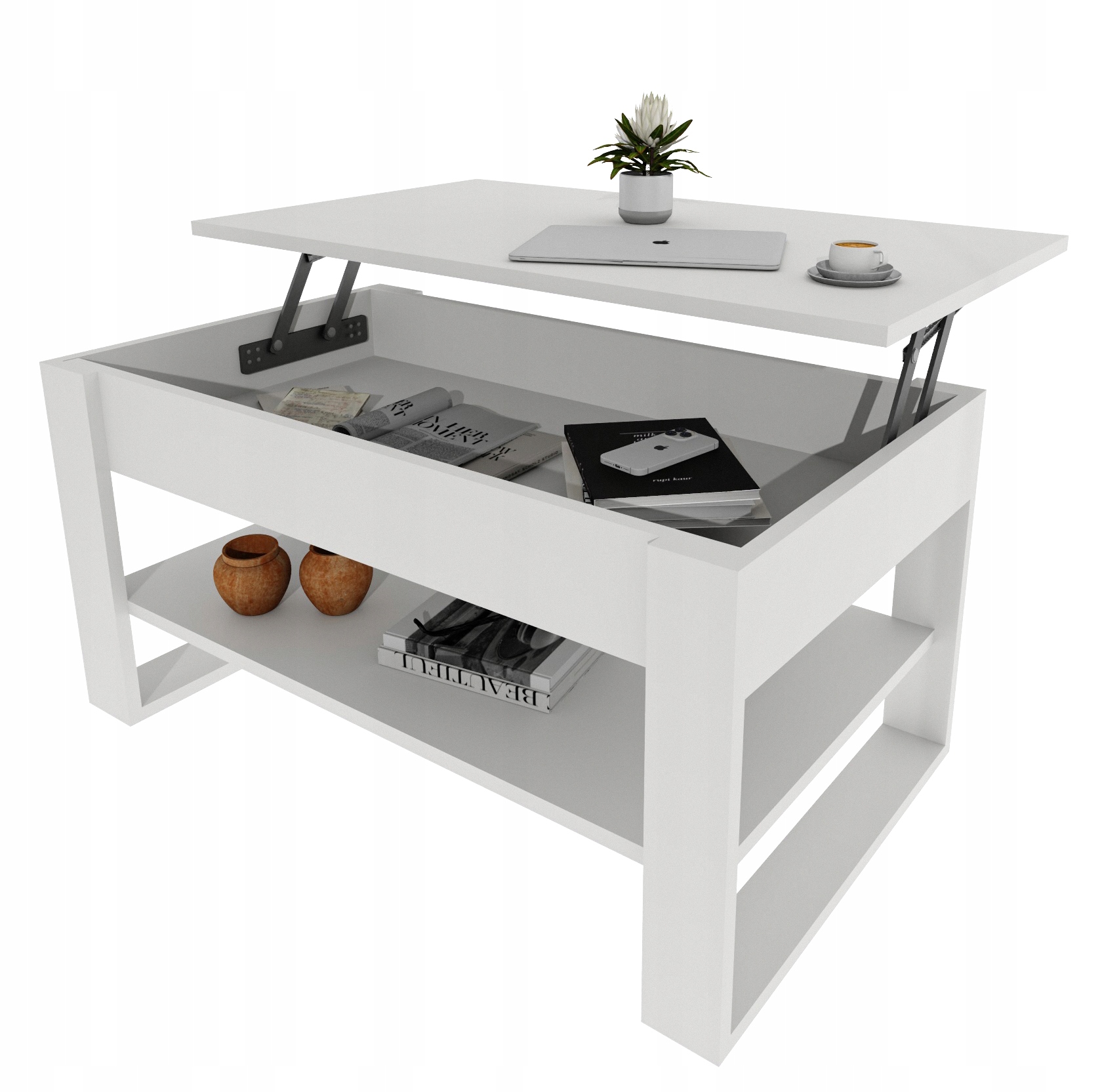 Kávový stolek Top 92 cm Zvedací úložný prostor Bílá/Bílá 92x54,2