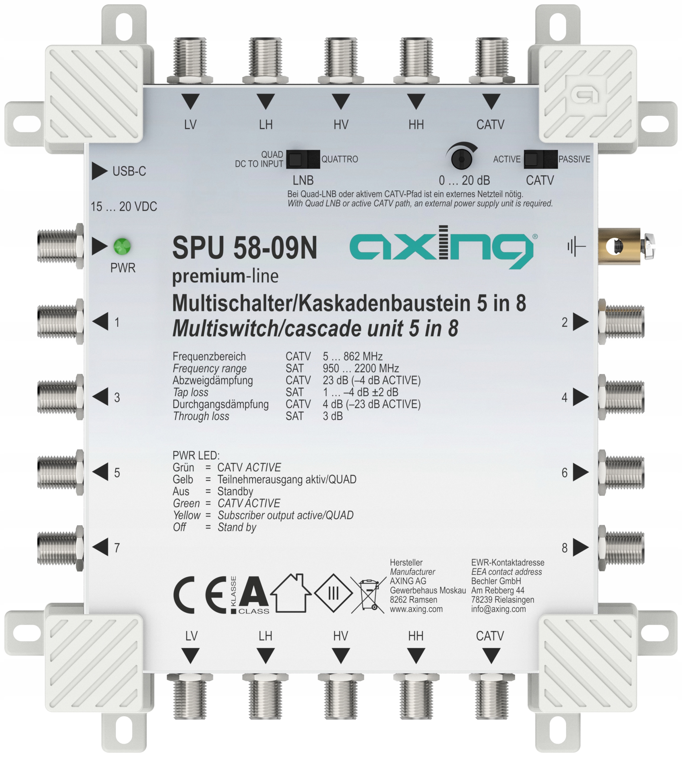 Multipřepínač 5/8 Axing Spu 58-09N Kaskádový Nový Model na 2026 napájecí adaptér