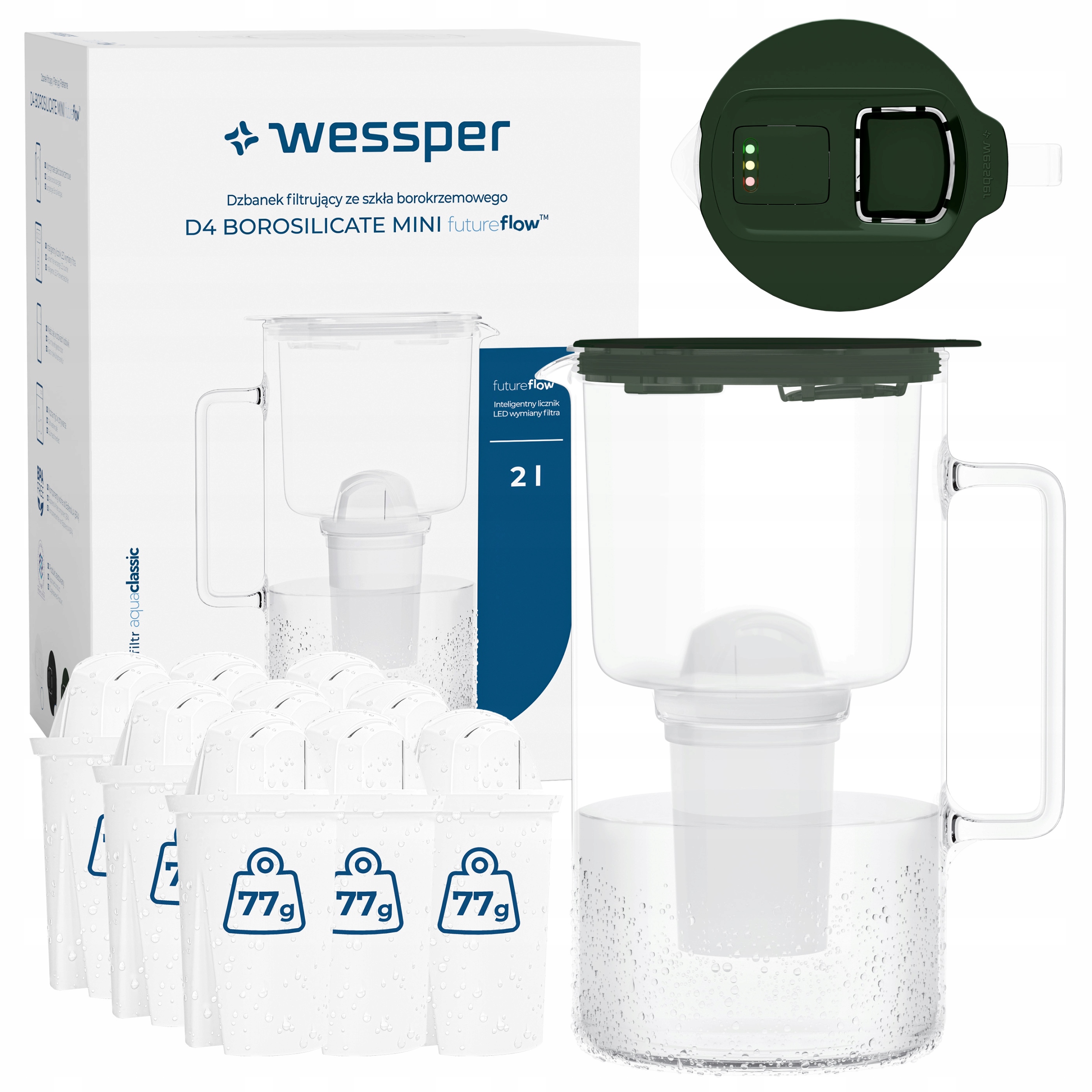 Skleněná filtrační konvice Wessper D4 Borosilicate Mini 2 l 10 x filtr