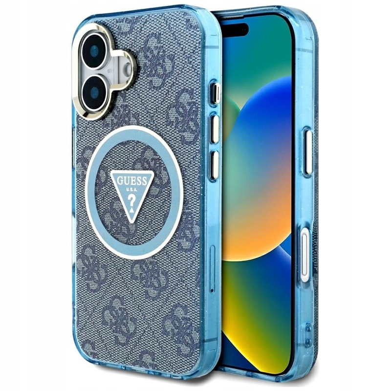 Guess IML Metal Glitter 4G Pouzdro MagSafe pro iPhone 16, modré