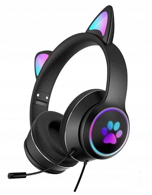 SŁUCHAWKI GAMINGOWE KOCIE USZY MIKROFON LED RGB