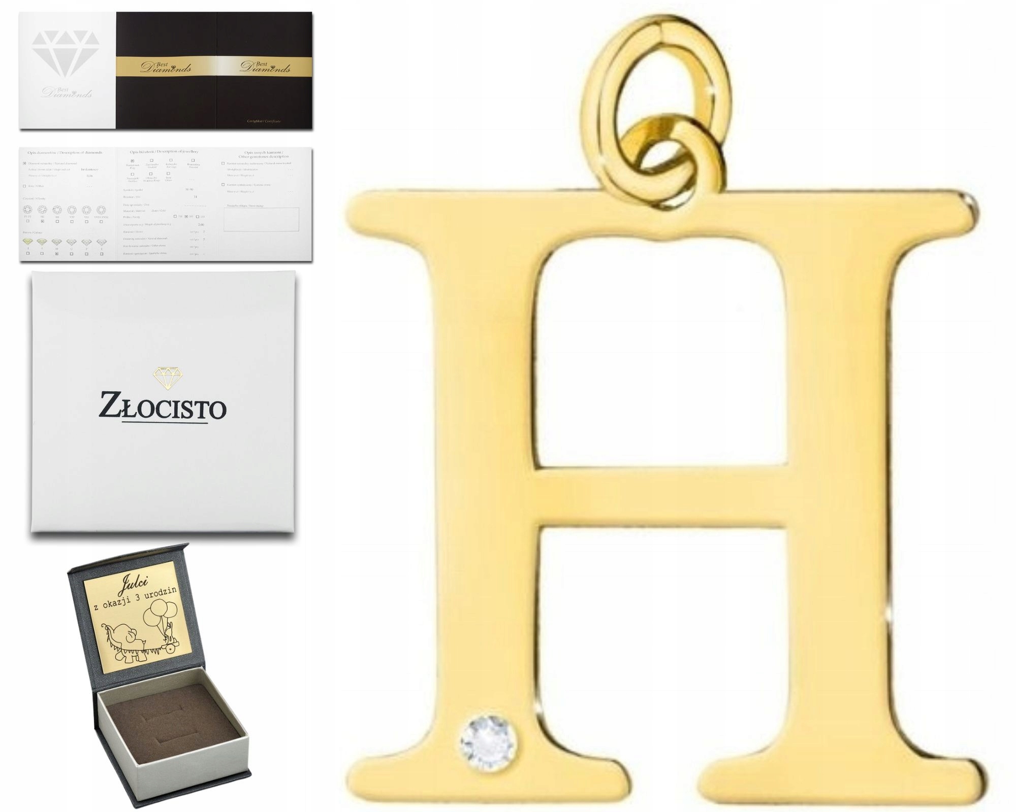 Zlatý Přívěsek Malé Písmeno H S Briliantem Gravírování