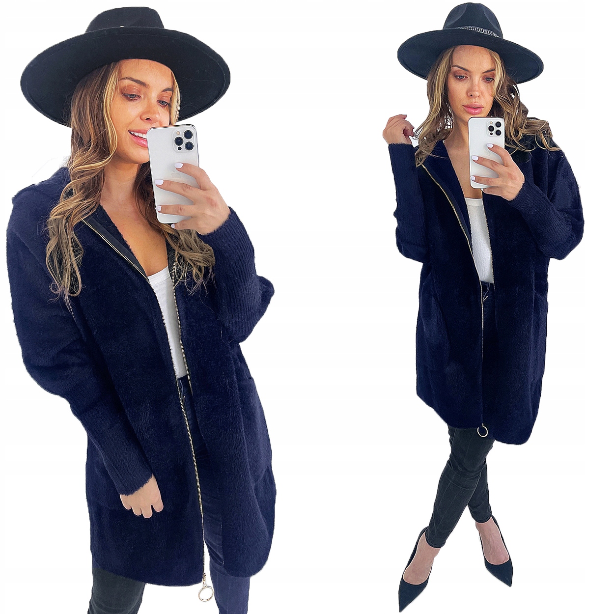 Klasický Teplý Kabát Z Alpaky Na Zip, Barva Tmavě Modrá