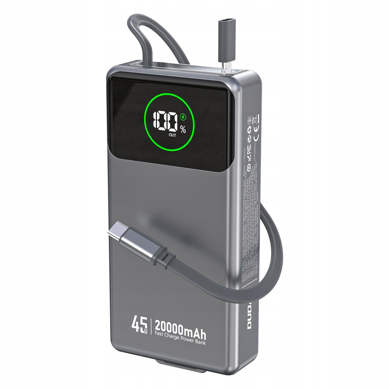Powerbank Dudao K31 Pro 45W 20000mAh zwijany kabel Usb-c szary