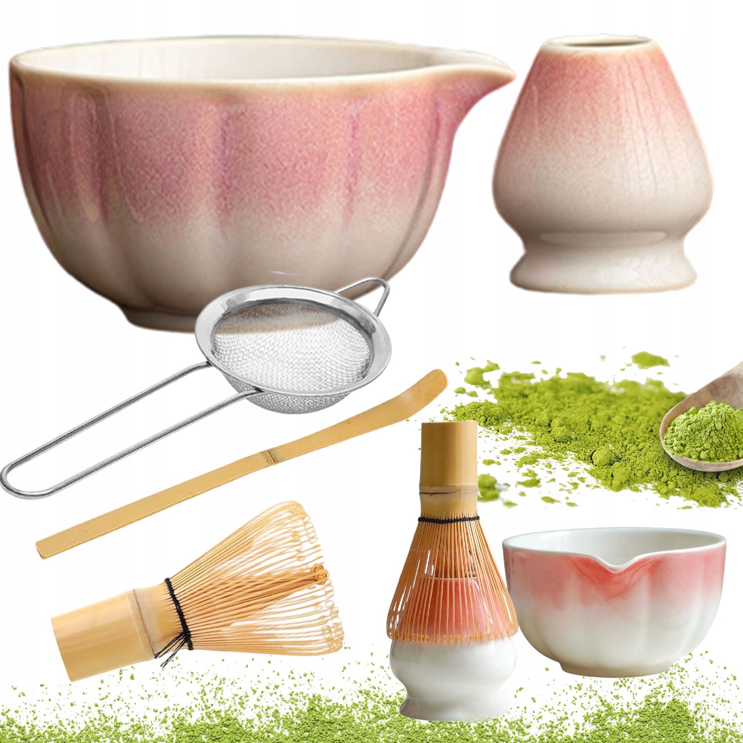 Levně Sada Nářadí Pro Matchu 5 Ks S Mísou, Šlehací Metla, Lžíce, Síto, Rukojeť Růžová