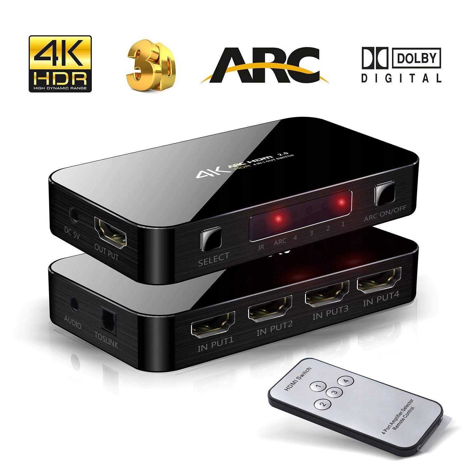 Switch HDMI 1 z 4 z ekstraktorem ARC, obsługą HDCP2.2, 4K, 3D, HDR +pilot Model D099