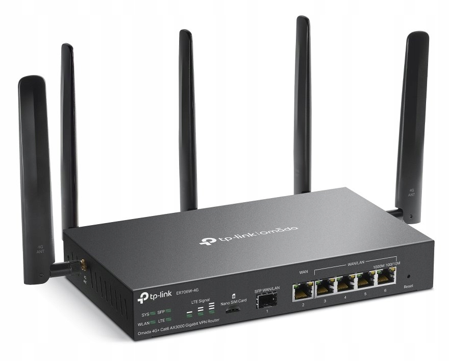 TP-Link ER706W-4G Omada Vpn Router, 1x Nano Sim slot (4G+ Cat6), WiFi 6 240