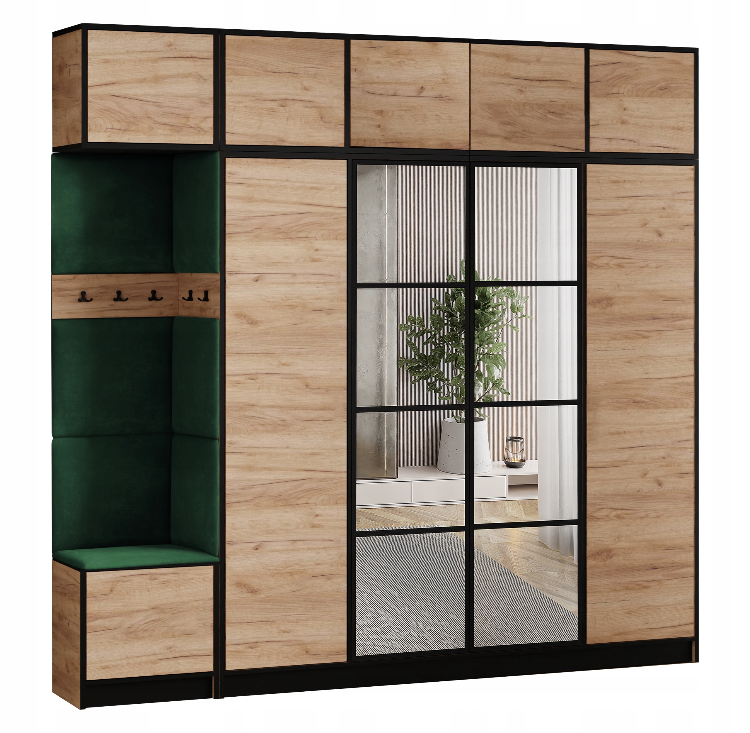 Šatní skříň Costa 15 dub craft zelená tkanina, sedák s nástavcem