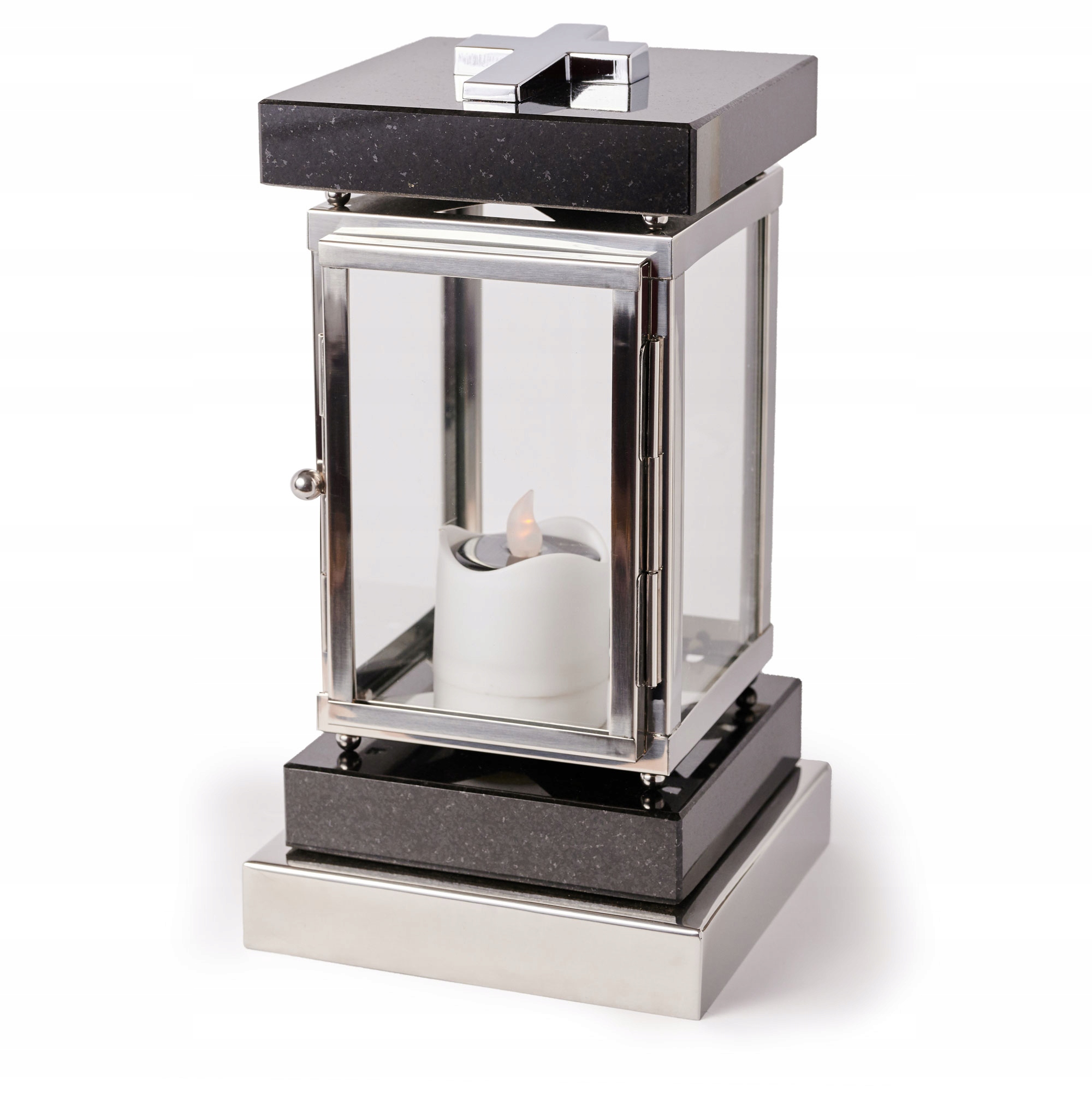 Elegantní lampion na pomník čtvercový stříbrný ocel+granit černý Premium