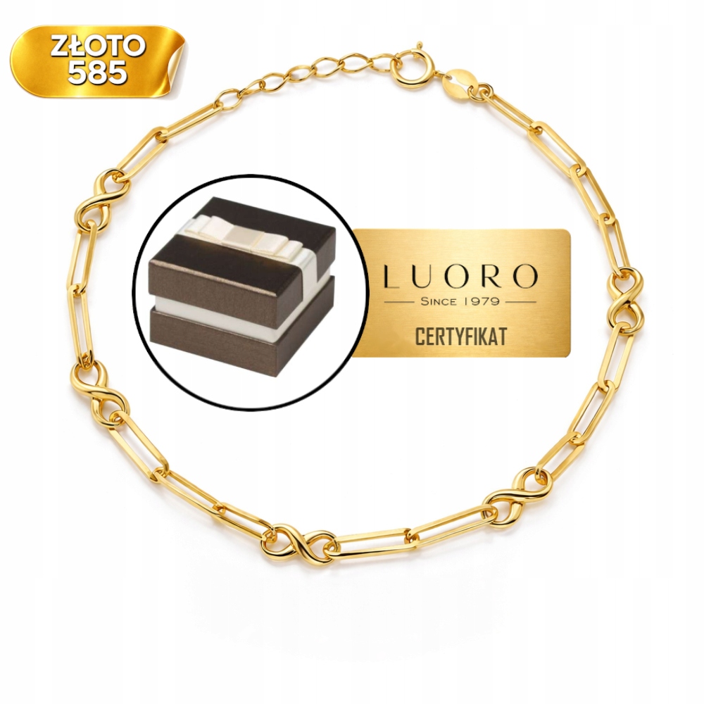 Zlatý Náramek 585 14K S Dlouhými Články A Nekonečnem 17 CM Elegantní