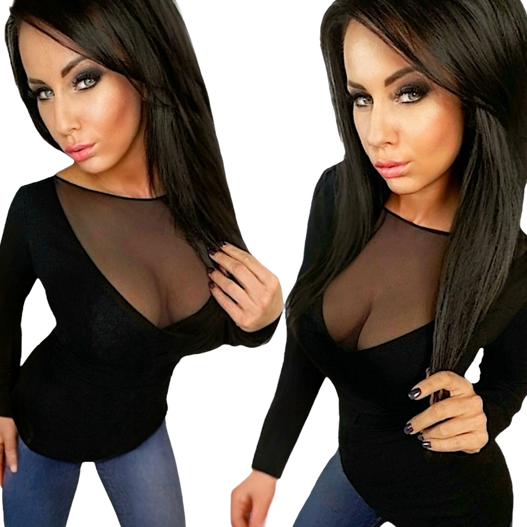 Dámská večerní halenka elegantní černá Sexy výstřih V síťovina M 38