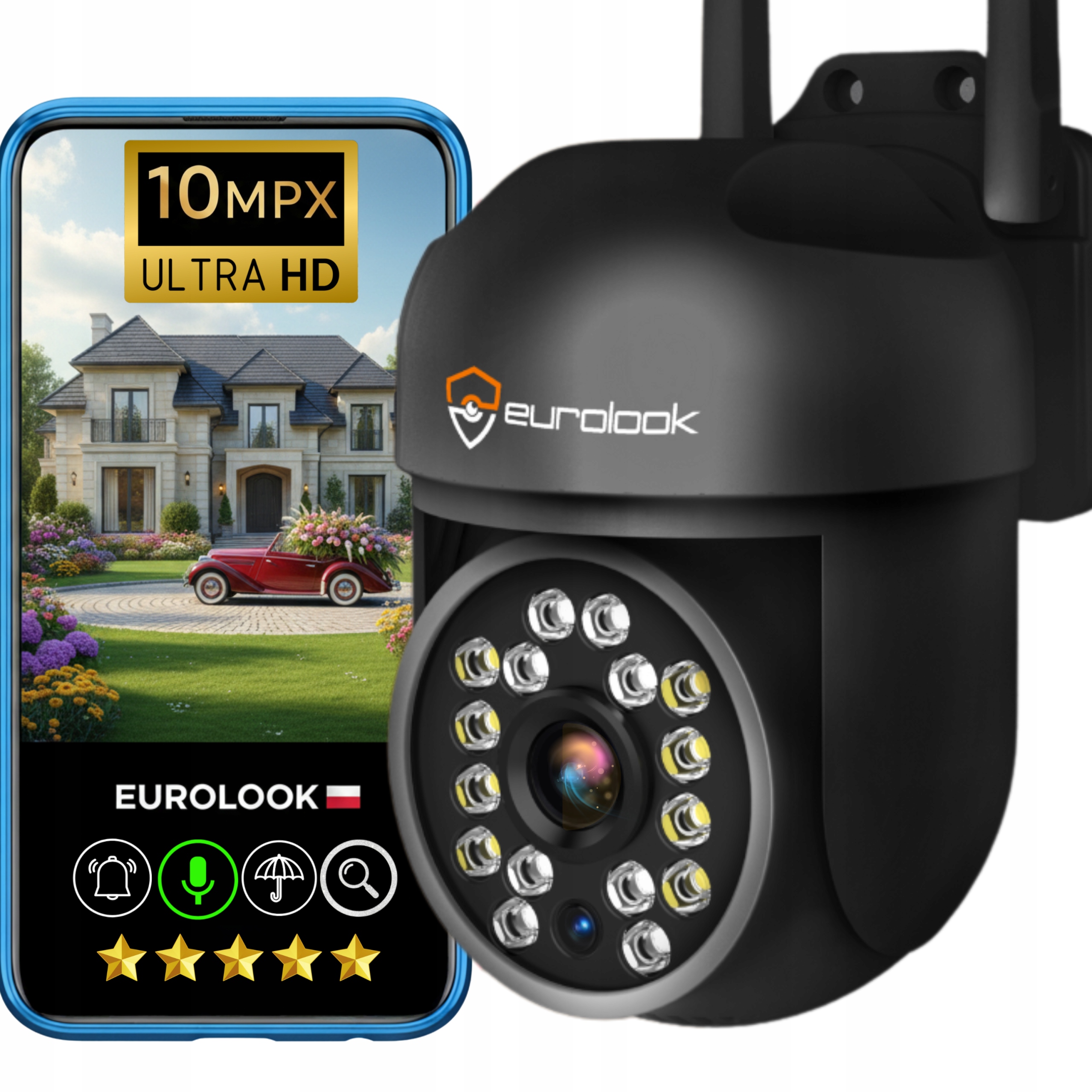 ZEWNĘTRZNA KAMERA IP WIFI OBROTOWA 10MP 4K ULTRA HD MIKROFON ŚLEDZENIE ZOOM