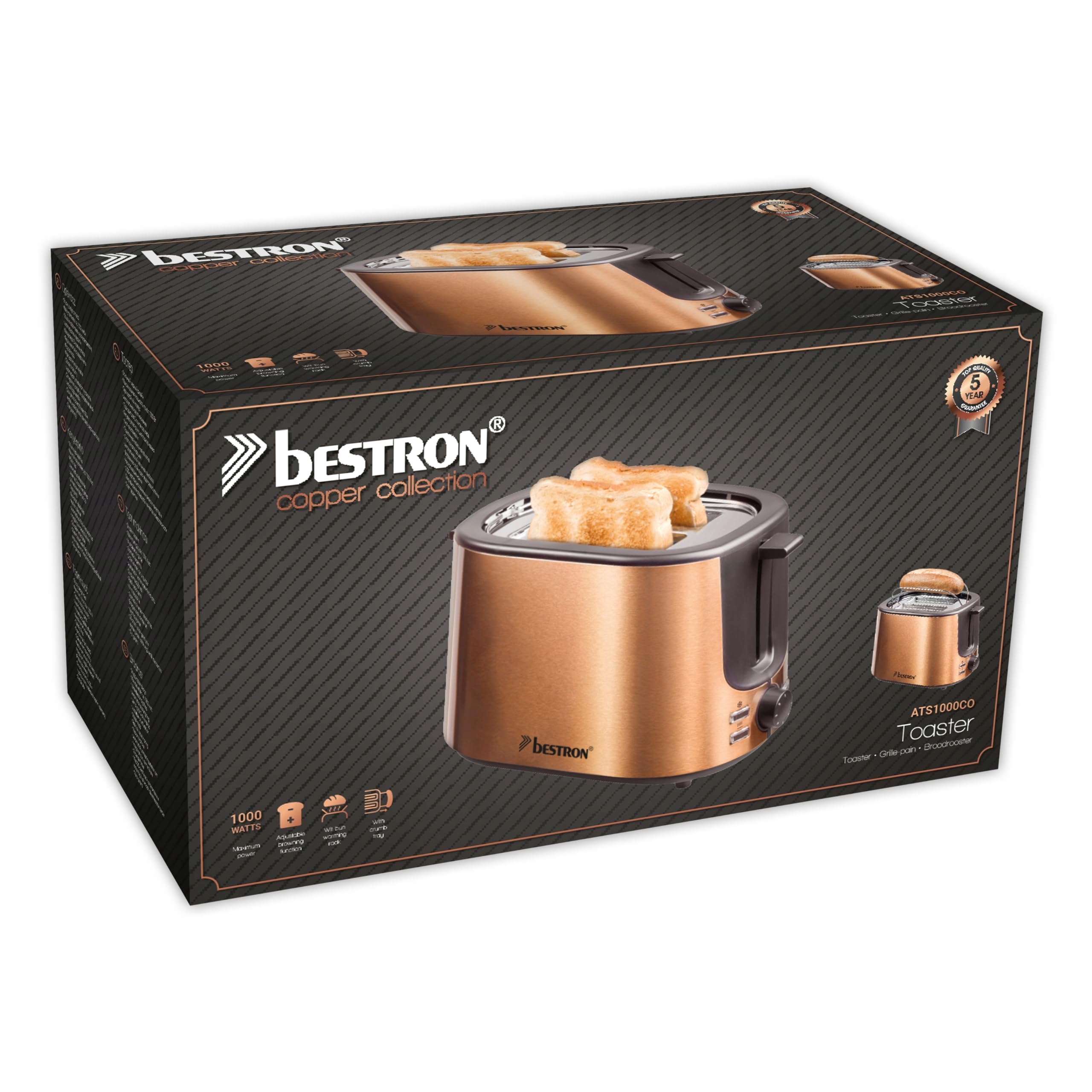 BESTRON Toster 2 Komory Tacka Na Okruchy 1000W Stal Nierdzewna Miedziana — miniatura 6