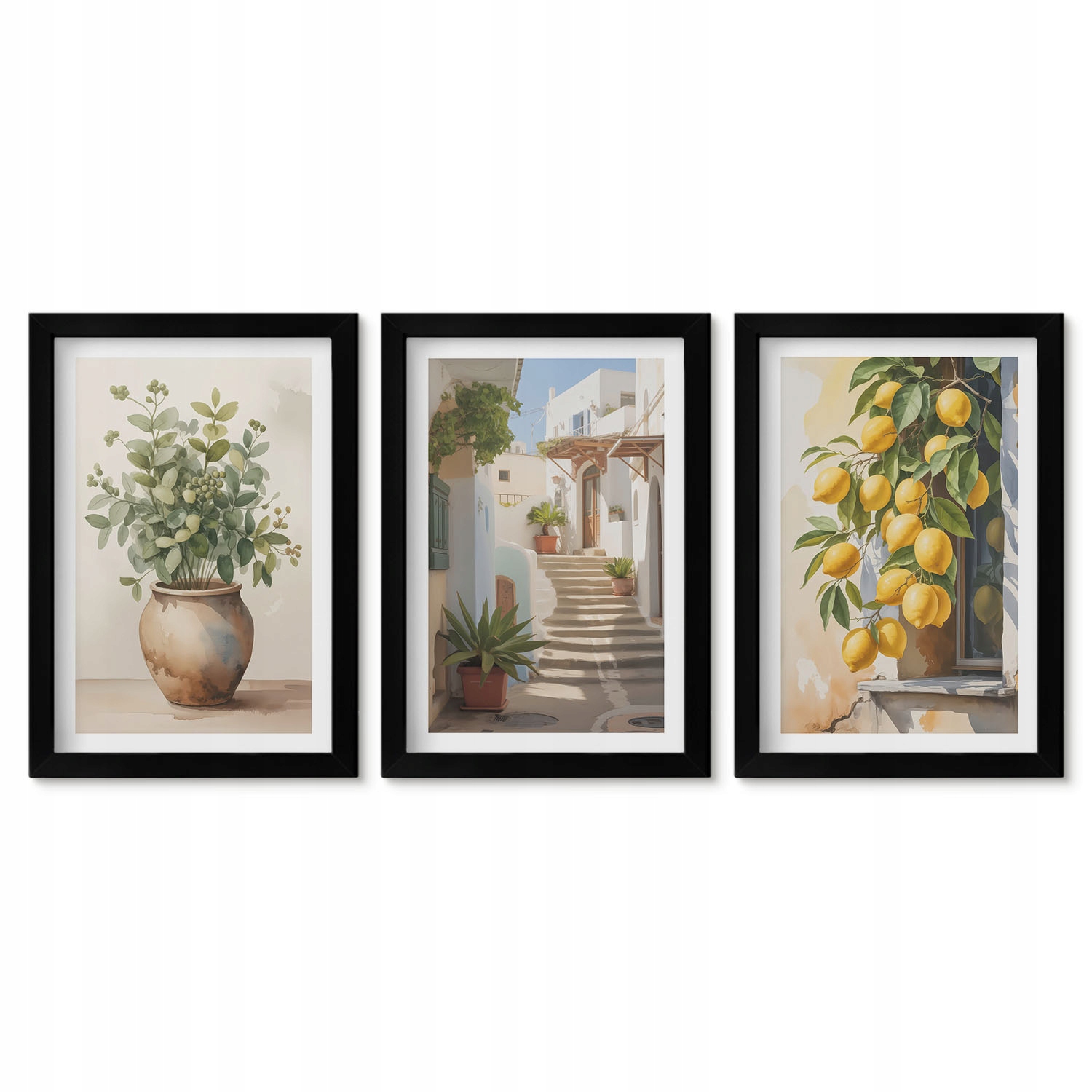 Sada 3 obrazů Triptych Stříbrný Rámeček Rostliny květináče citron ulička