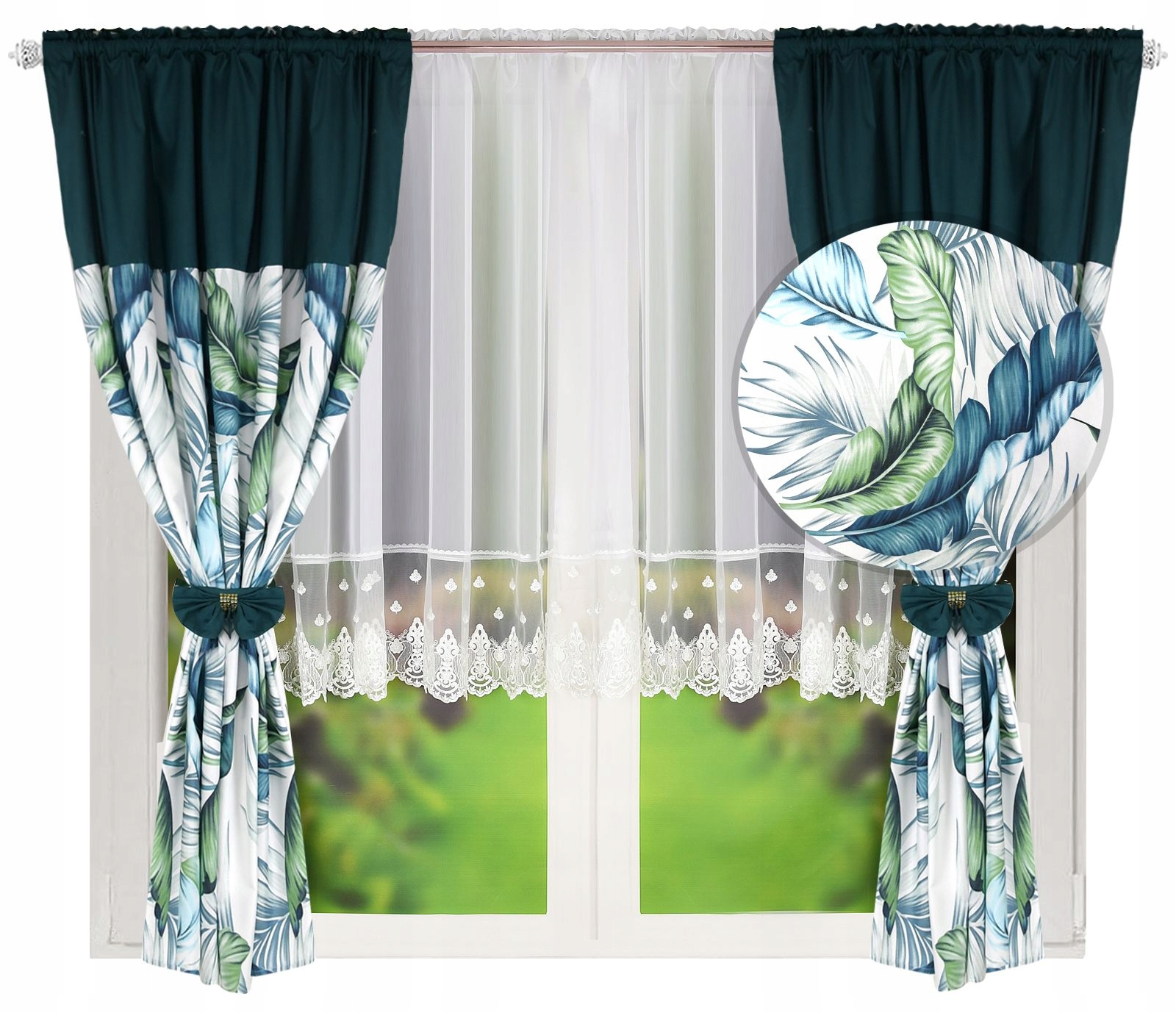 KOMPLET ZASŁON W NIEBIESKIE LIŚCIE + FIRANKA GOTOWA WOAL 400x160 Z TAŚMĄ