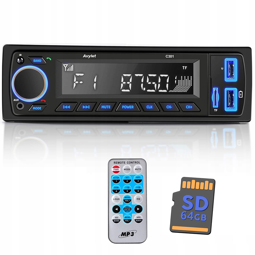 Autorádio Bluetooth 1-DIN Usb Aux Mikrofon Dálkové Ovládání Baterie A 32 Gb Sd