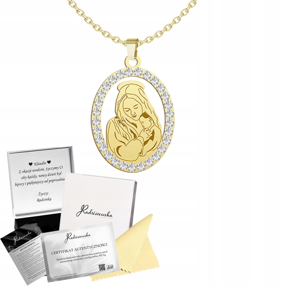 Zlatý Řetízek Medailon Matka Boží s dítětem Krystaly Gravírování Bonus