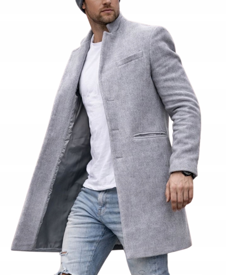 Męski krótki płaszcz jednorzędowy wiosenny jesienny szary ciepły