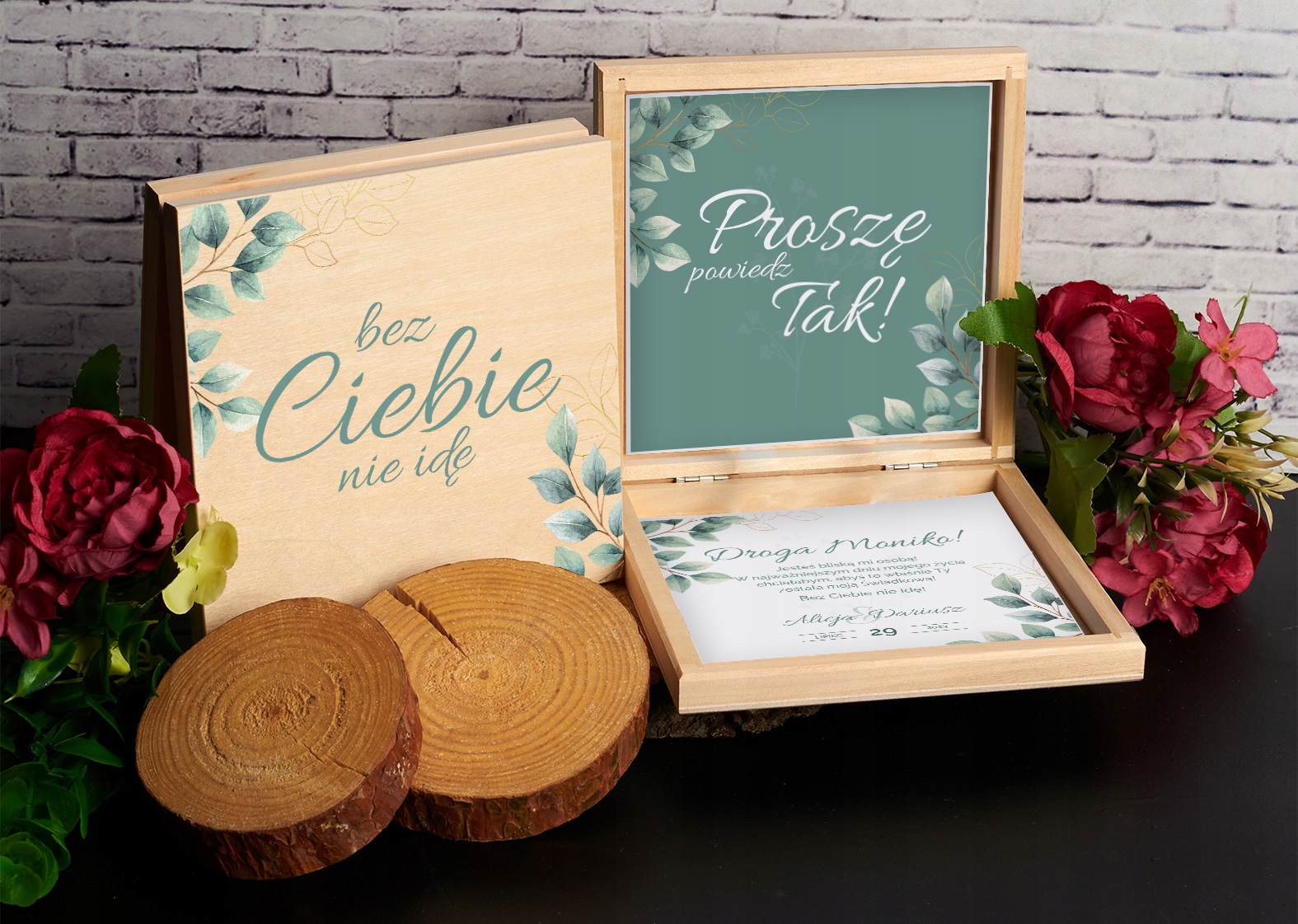 PUDEŁKO DREWNIANE Z PROŚBĄ DLA ŚWIADKA ŚWIADKOWEJ O ŚWIADKOWANIE ZIELONE Z2 Wysokość produktu 14.5 cm