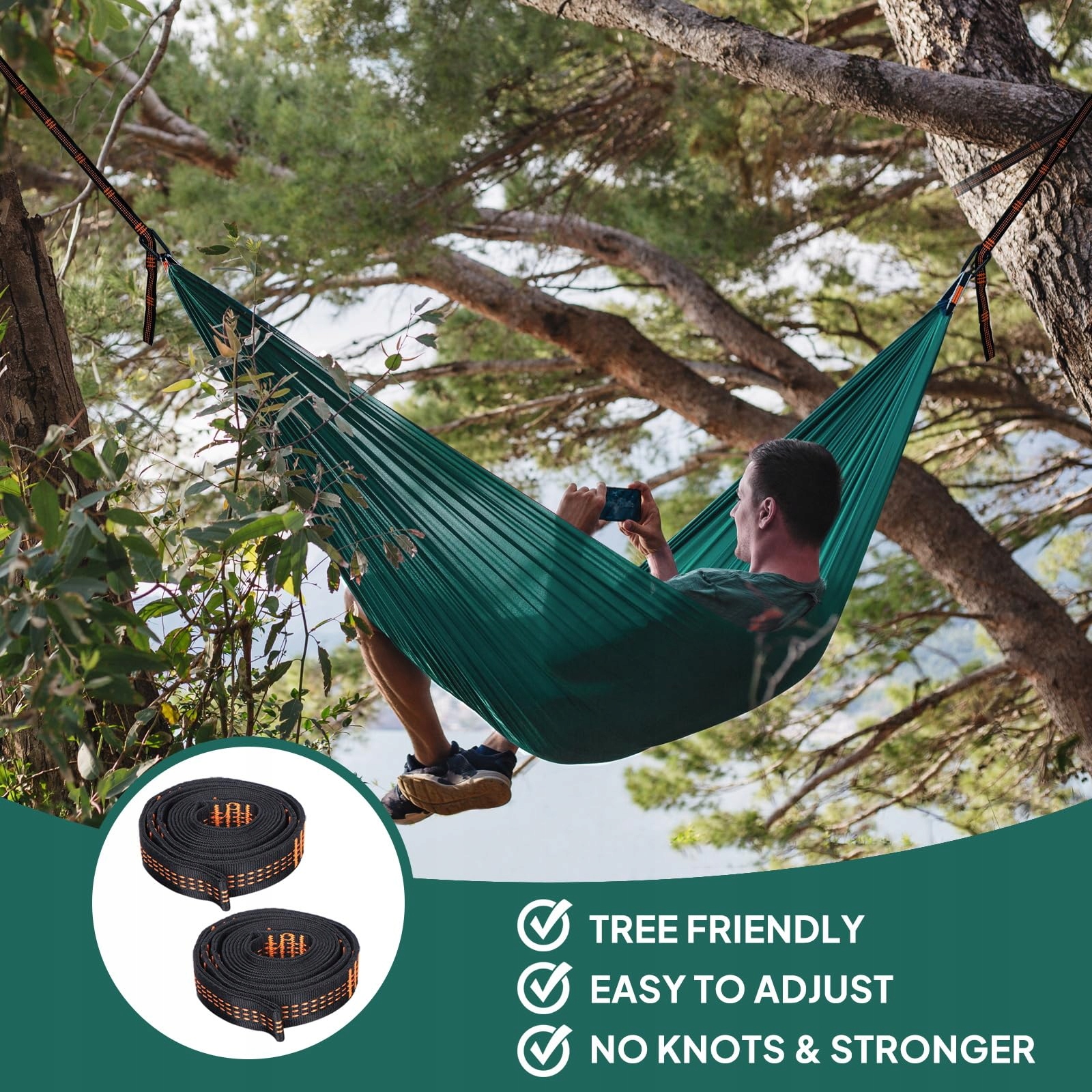 NATUREFUN Lekki Hamak Campingowy 300kg Nylon Karabinki Zielony — miniatura 3