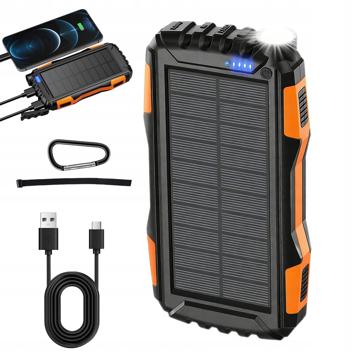 Power Bank Solarny 30000mAh z wbudowaną Ładowarką Solarną Latarka Usb