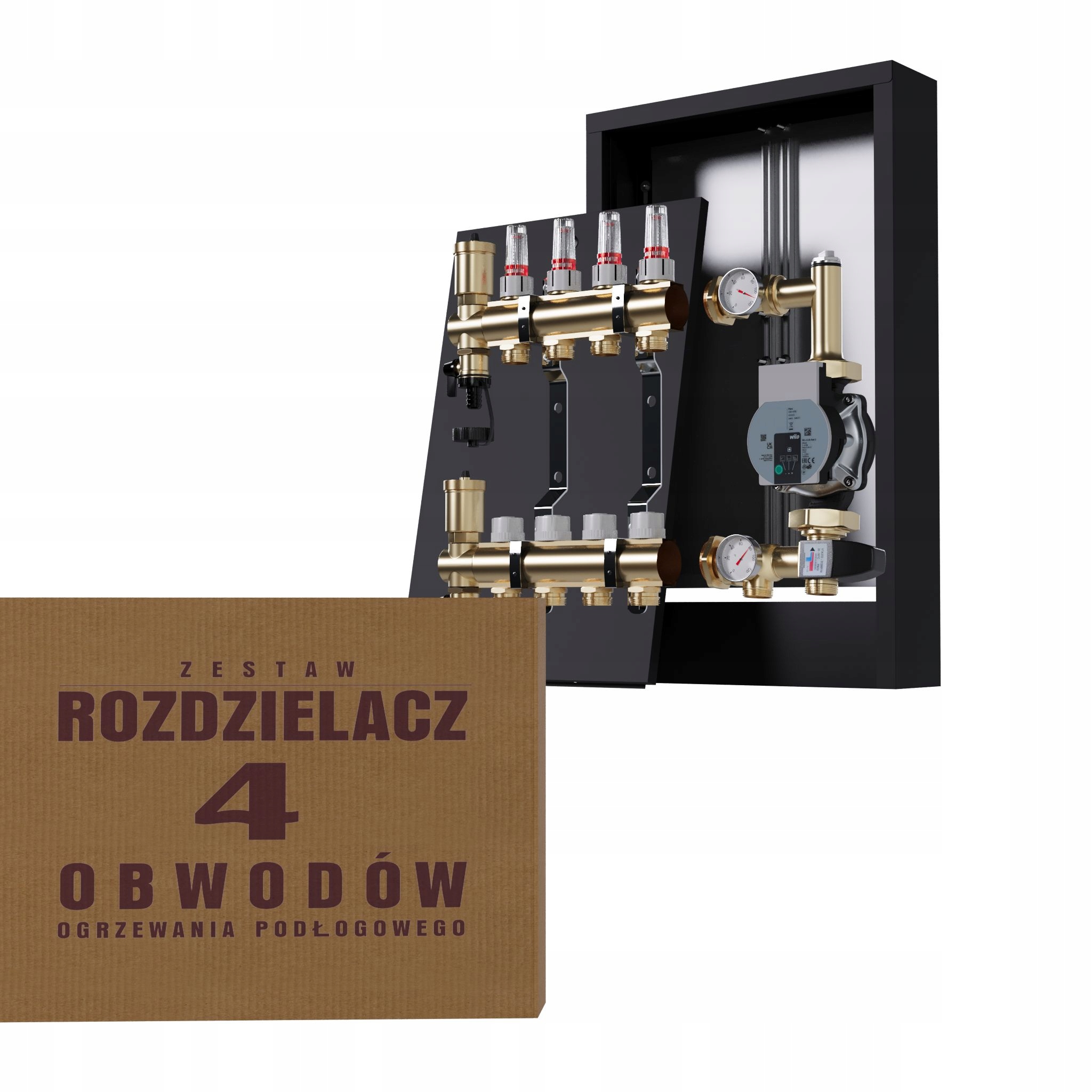 Rozdělovač pro podlahovku 4 okruhy s čerpací skupinou Wilo nástěnný černý