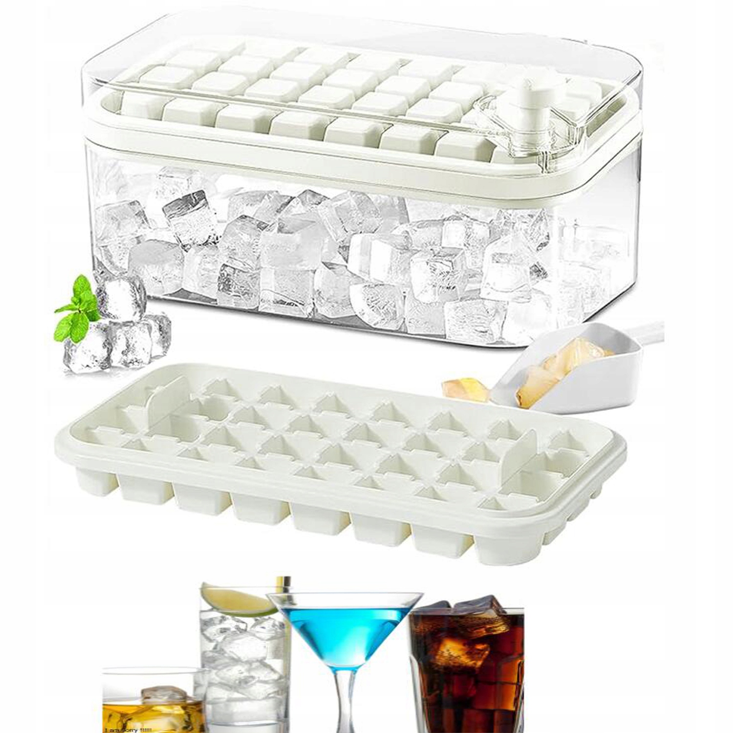 FORMA / FOREMKA DO LODU - 2 WARSTWY, 64 KOSTKI - Z PRZYCISKIEM, BIAŁA