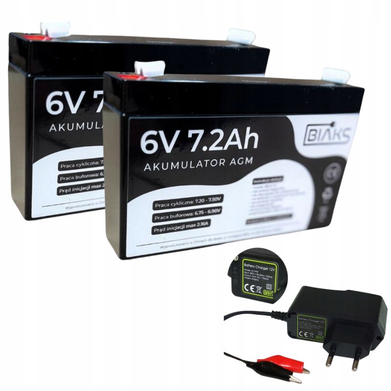 Sada 2x Akumulátor Agm 6V 7.2Ah Biaks (rozmer 7Ah) nabíjačka 12V Pw