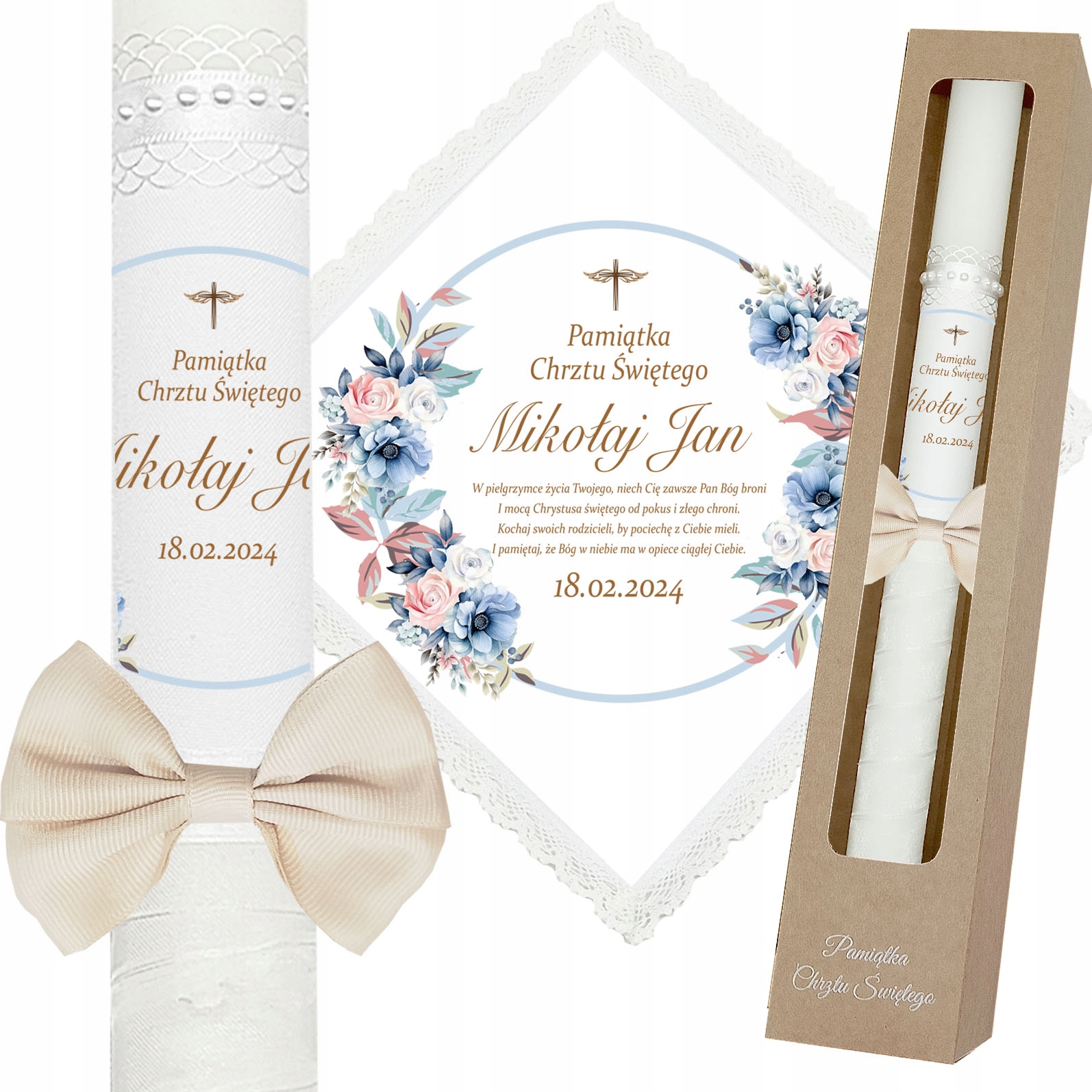 ŚWIECA NA CHRZEST SZATKA DO CHRZTU IMIĘ PUDEŁKO