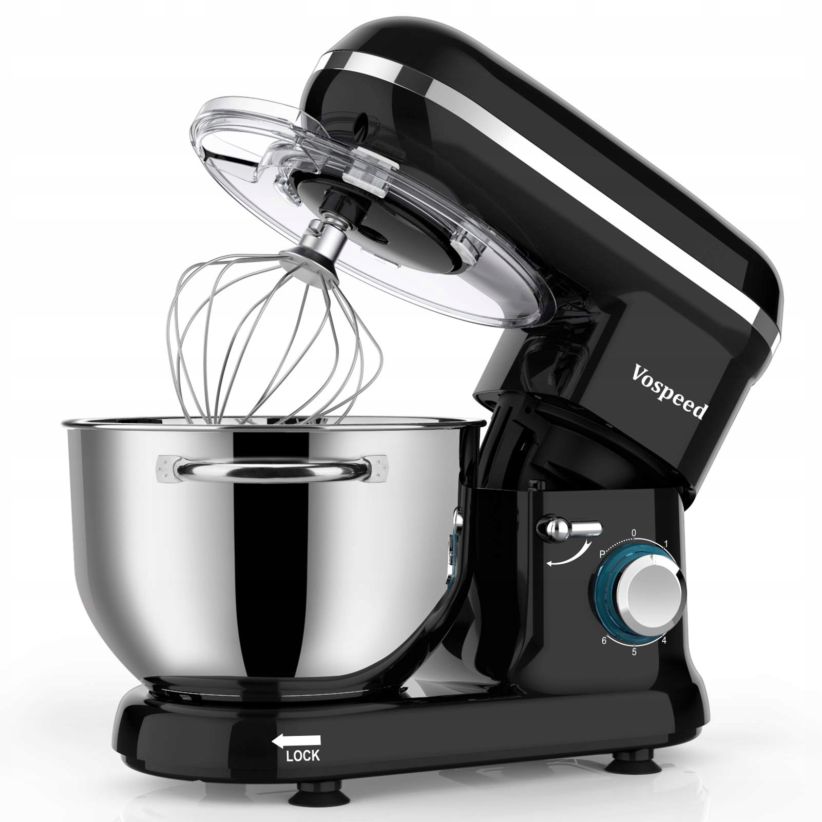 VOSPEED Mikser Kuchenny 1500W 6 Biegów 6.2L Misa Hak Trzepaczka Czarny — miniatura 2