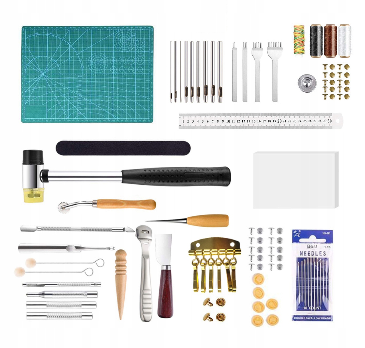 Sada nástrojů pro práci z kůže 61 ks pro ruční šití s 20 děrovačkami