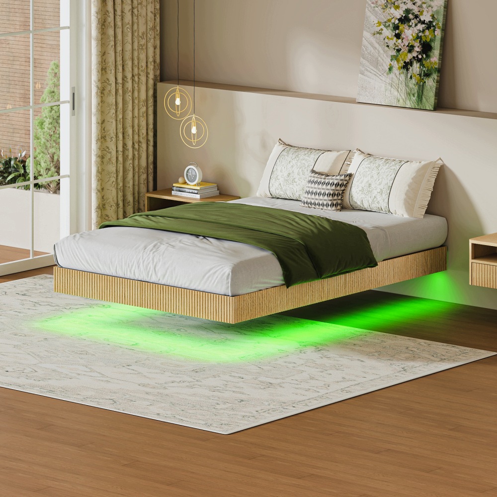 Čalouněná postel 140x200 Led efekt levitující dub světlý kov