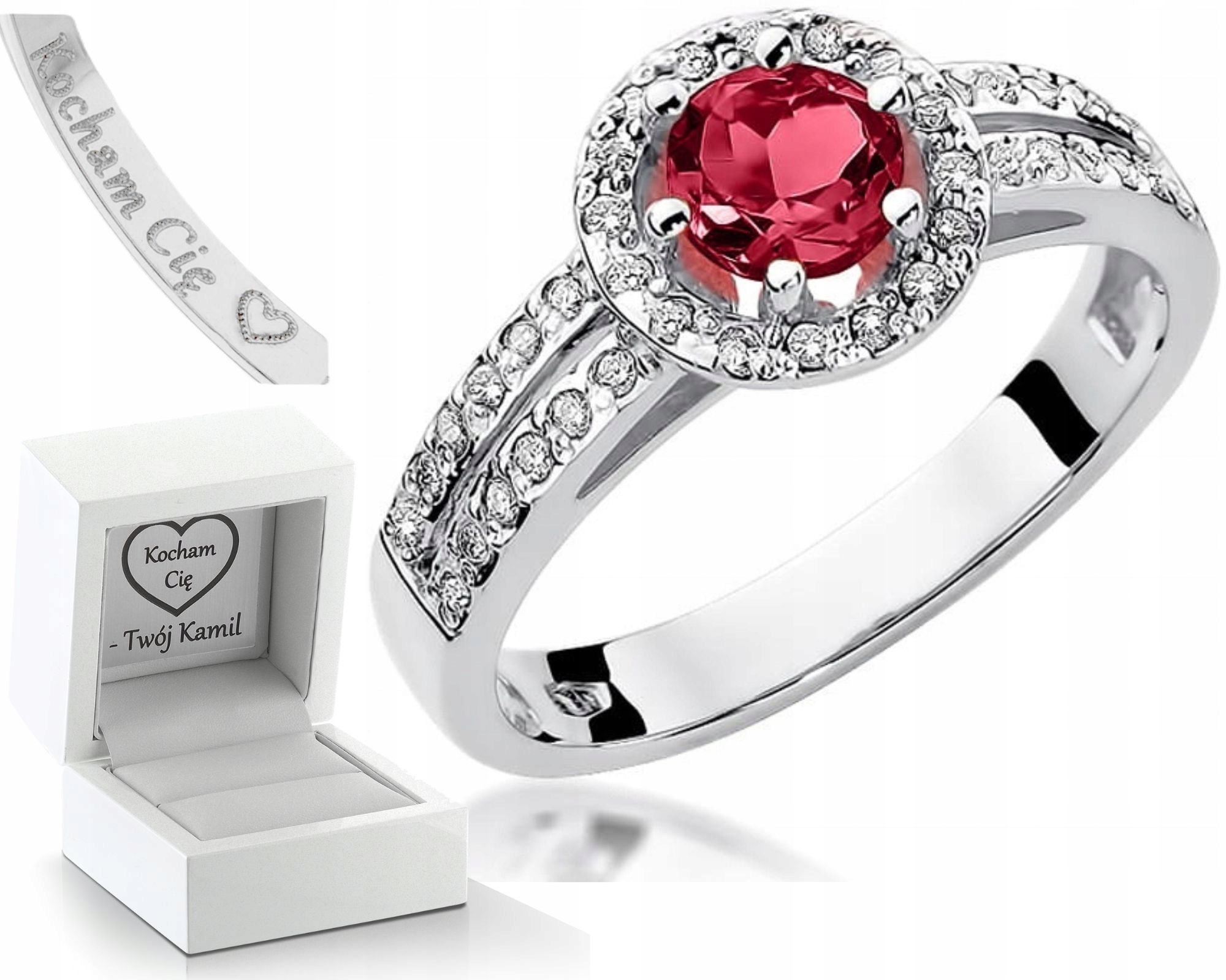 Prstýnek Rubín Diamanty Bílé Zlato Gravírování 585