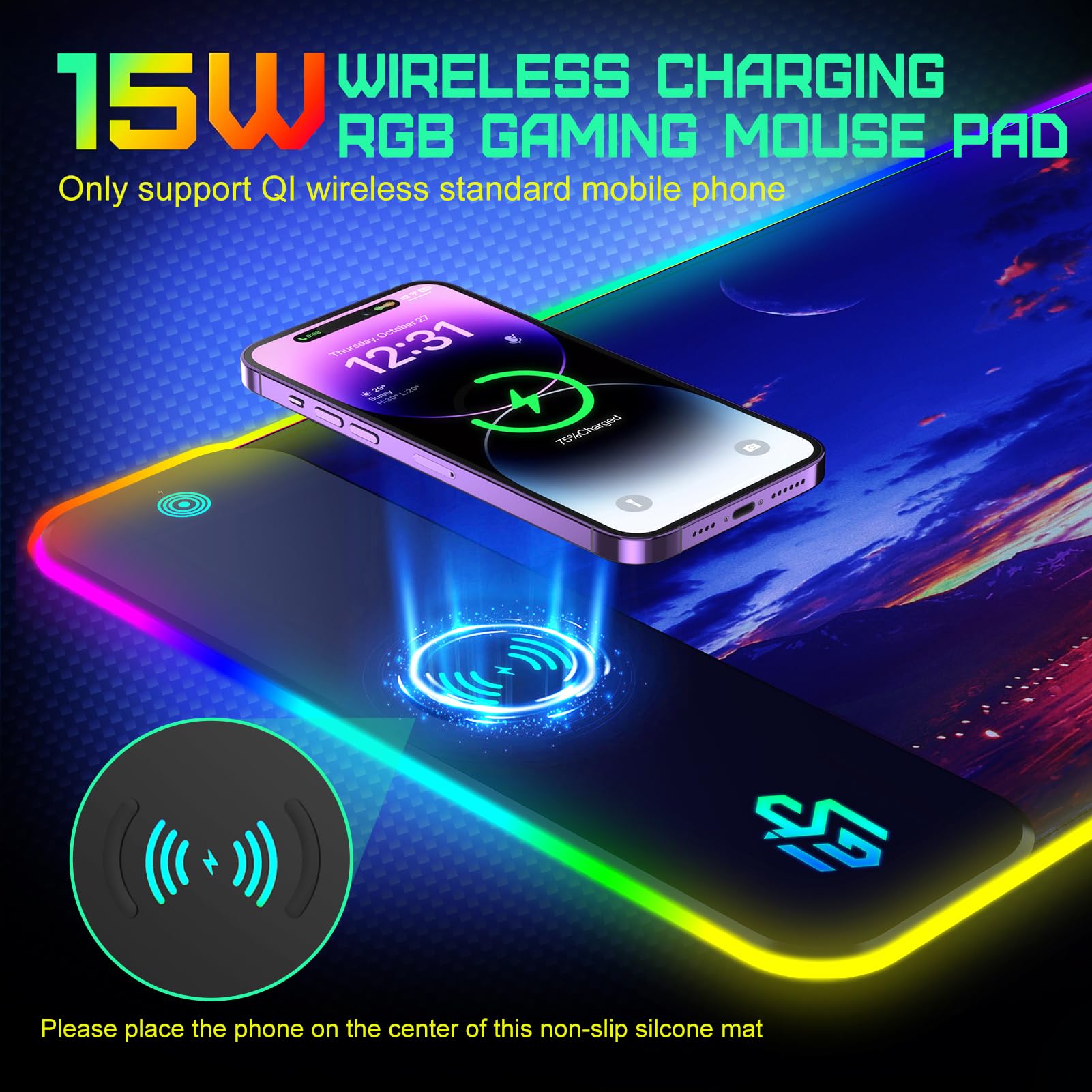 GIM RGB WODOODPORNA PODKŁADKA GAMINGOWA LED Z ŁADOWANIEM QI 15W — miniatura 2