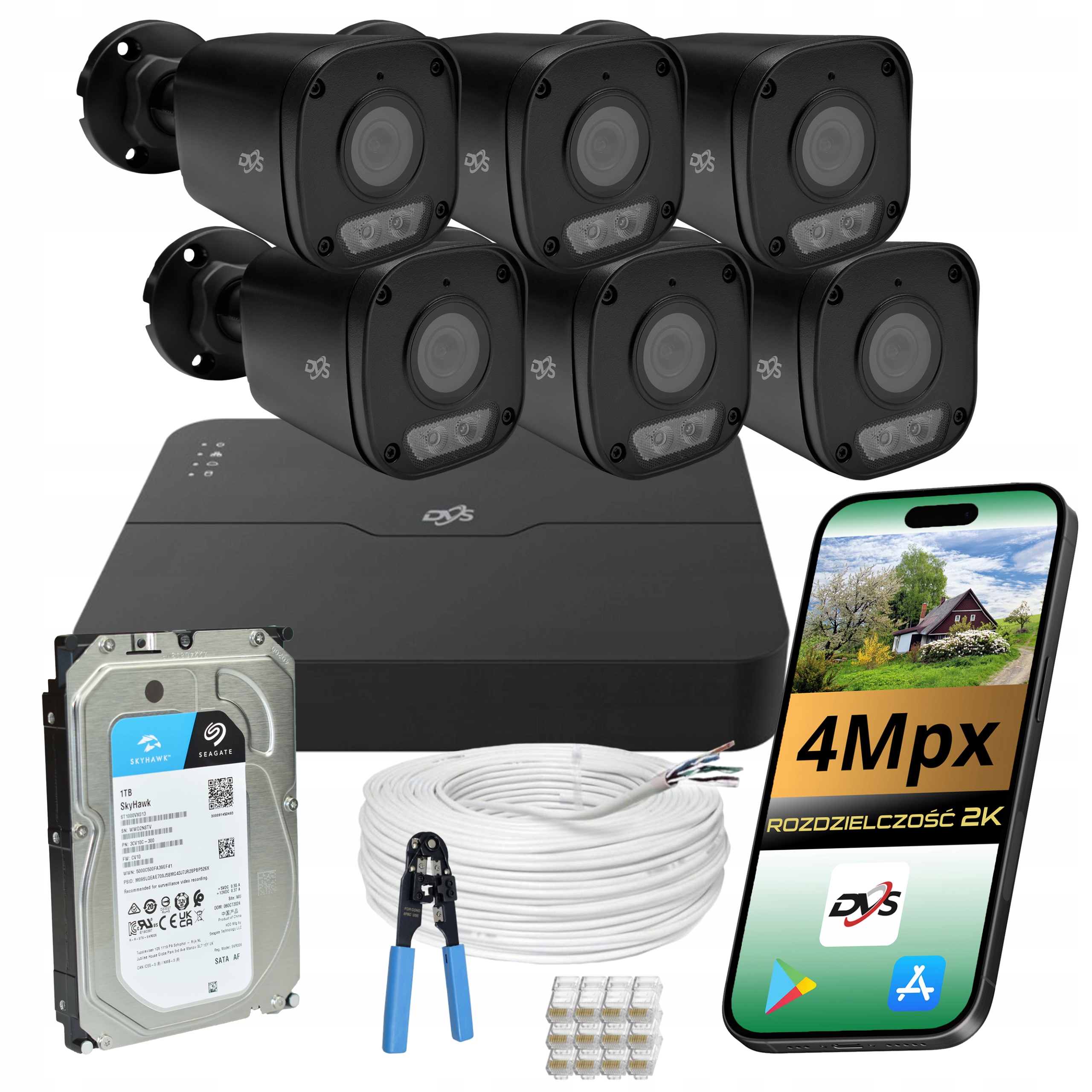 Monitoring do domu zestaw 6 czarnych kamer tuba Ip PoE 4Mpx Ir Led 1TB Dvs