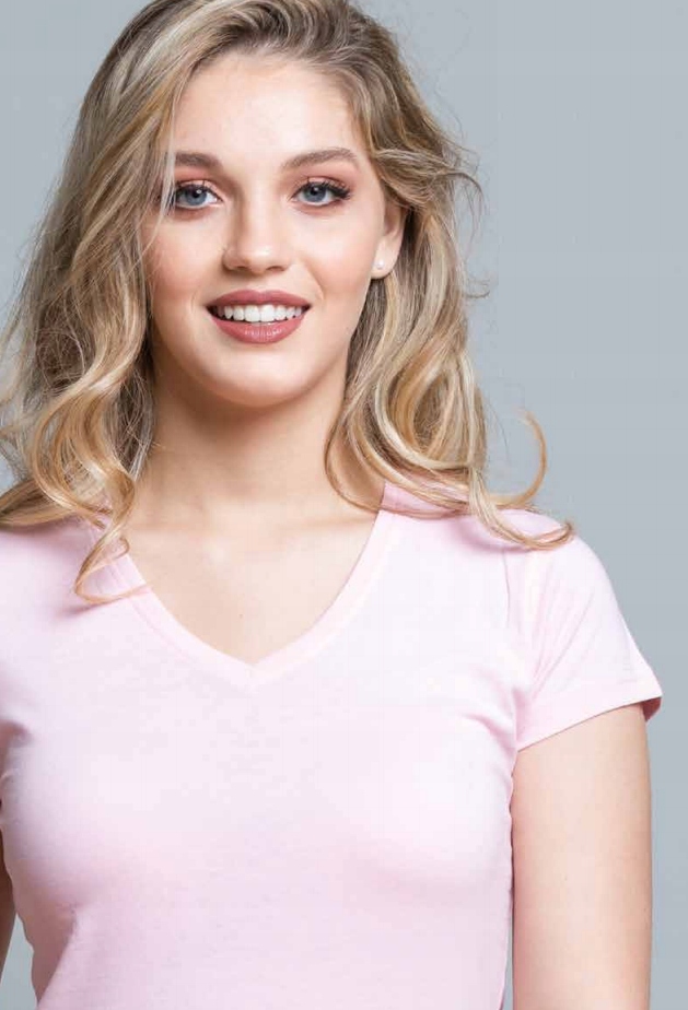 Bluzka dekolt w serek V-NECK 100% bawełna fuksja S Dekolt serek/dekolt V