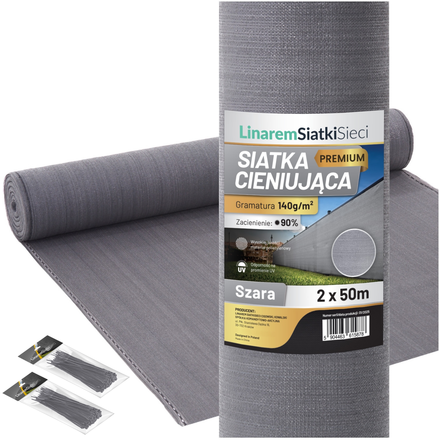 Siatka Cieniująca 2x50m Maskująca 90% Szara Mata Na Ogrodzenie Płot +uv