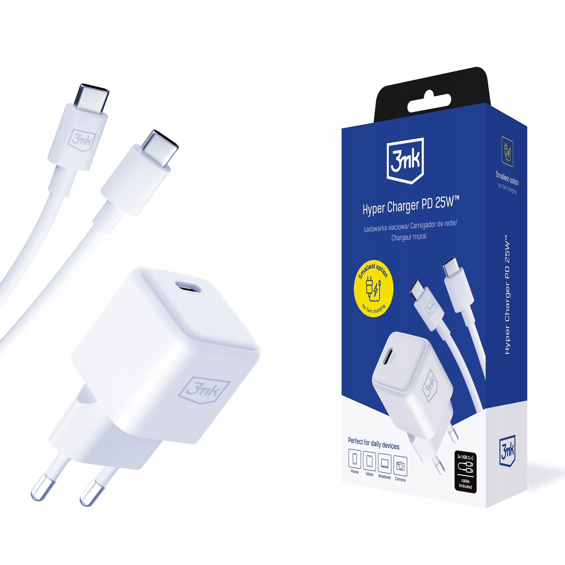 Ładowarka sieciowa 3mk Hyper Charger Pd GaN 25W z kablem Usb- C biała