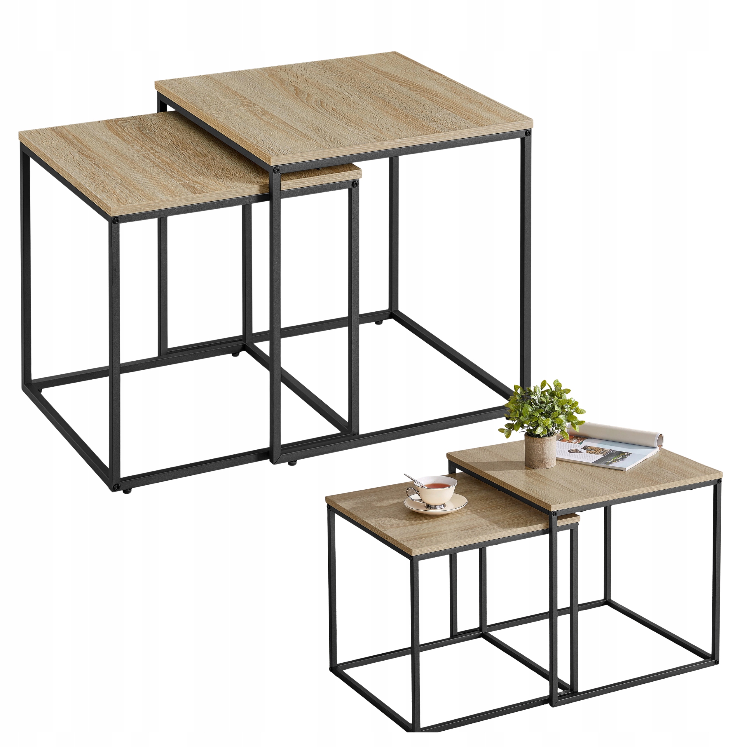 Kávový stolek čtvercový, sada 2ks dub sonoma černé nohy