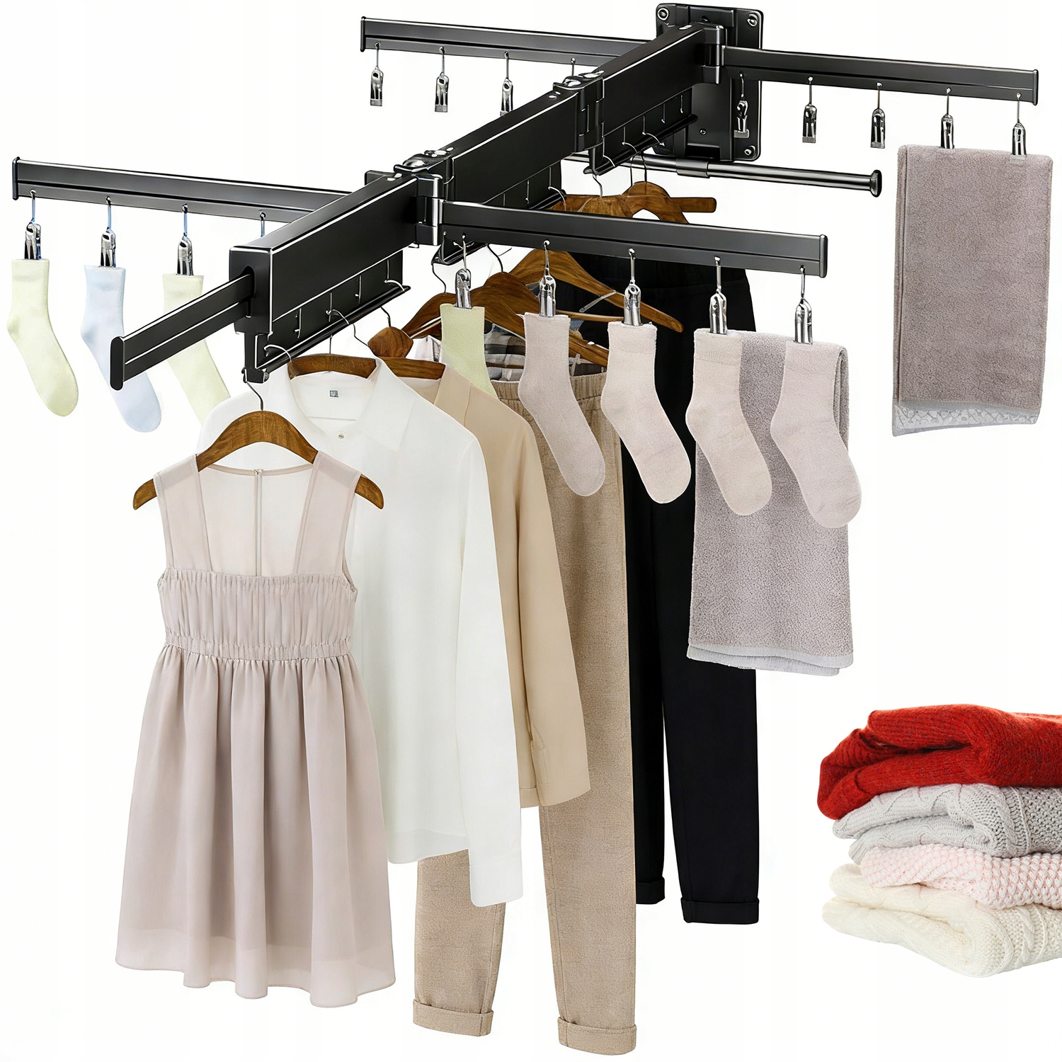 Levně Rozkládací Nástěnný Věšák Do Koupelny, Terasa, Balkon, 20 Klipů, Černý