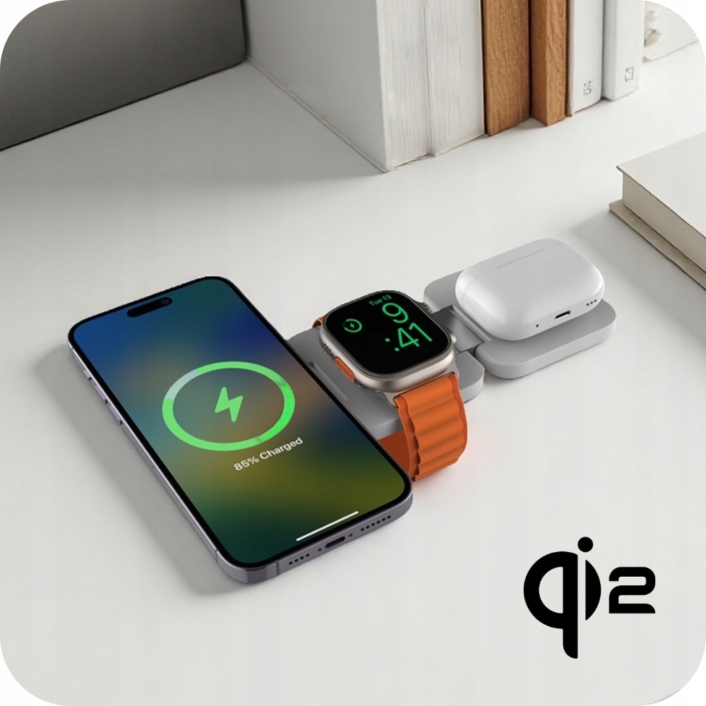 3v1 skládací bezdrátová Qi2 Magsafe nabíječka EQ310 železně šedá
