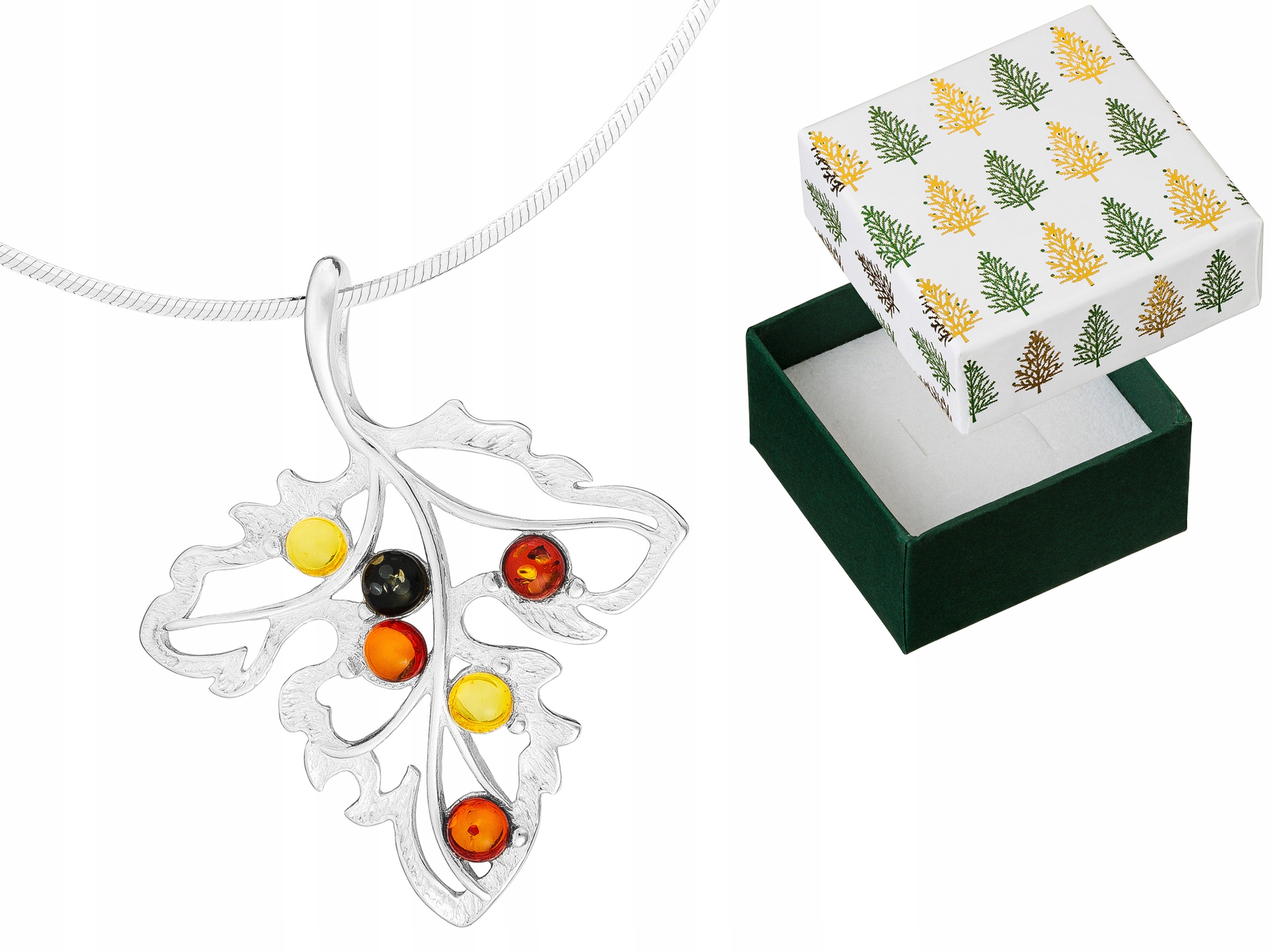 Náhrdelník Stříbrný lístek Přívěsek s jantarem Přívěsek List Řetízek 38