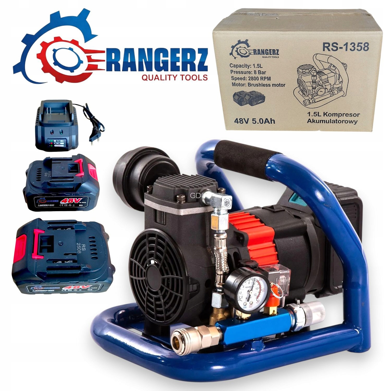 Akumulátorová kompresorová pumpa bezolejový Rangerz RS-1358 1.5L 8Bar 48V+2x Aku 5Ah
